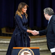 First Lady Melania Trump shakes hands with US Attorney General Bill Barr after addressing the Department of Justice National Opioid Summit in Washington, DC, on March 6, 2020.